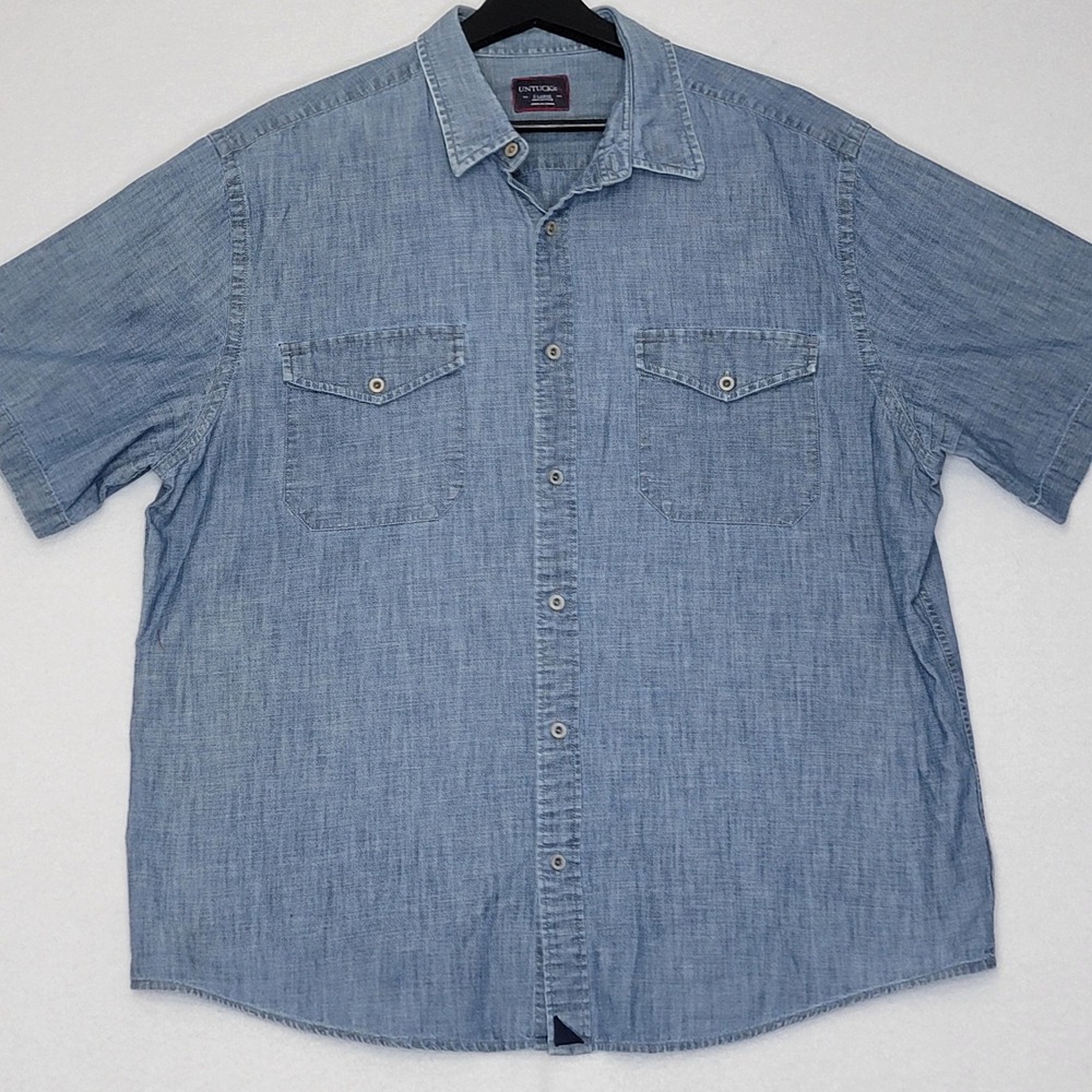 UNTUCKit Mens XL Short‎ Sleeve Button Down Shirt Blue Cotton Chambray Pocket